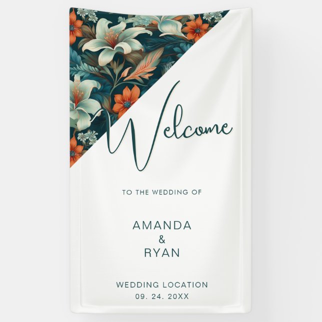 Elegant Tropical Floral Flower Pattern Wedding  Banner (Vertical)