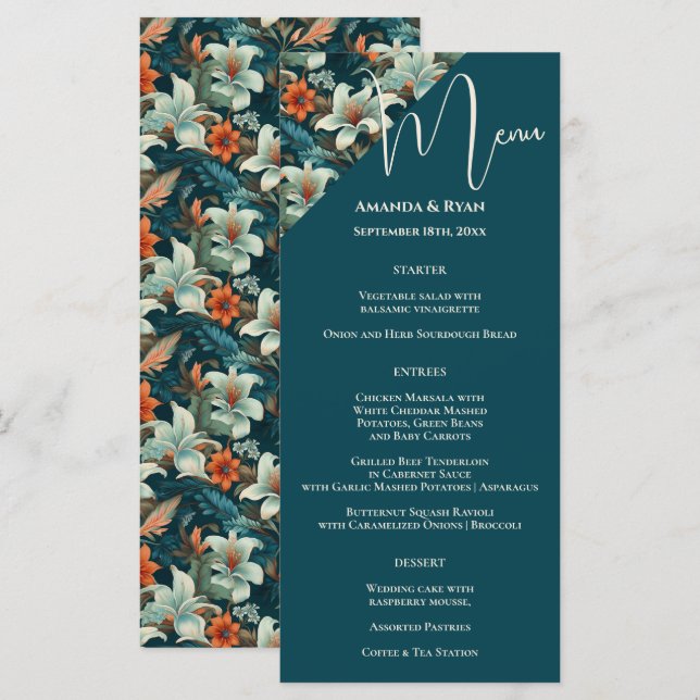 Elegant Tropical Floral Flower Wedding Menu (Front/Back)