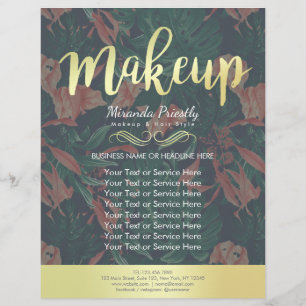 Elegant Tropical Floral Gold Script Makeup Salon Flyer