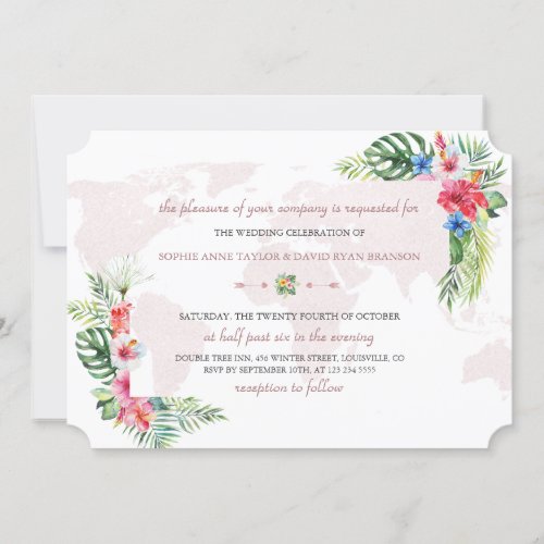 Elegant Tropical Floral Gold World Map Wedding Invitation