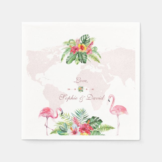 Elegant Tropical Floral Gold World Map Wedding Napkins (Front)