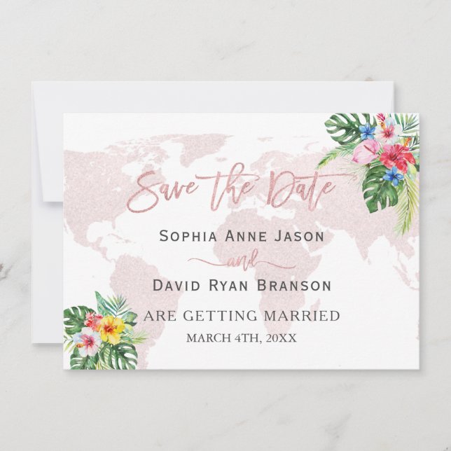 Elegant Tropical Floral Gold World Map Wedding Save The Date (Front)