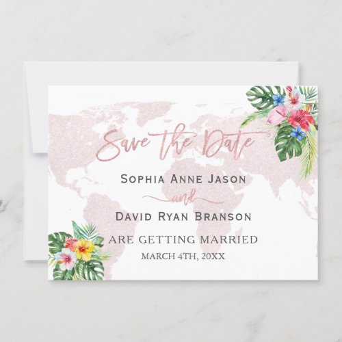 Elegant Tropical Floral Gold World Map Wedding Save The Date