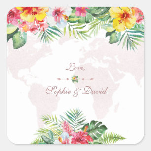 Elegant Tropical Floral Gold World Map Wedding Square Sticker