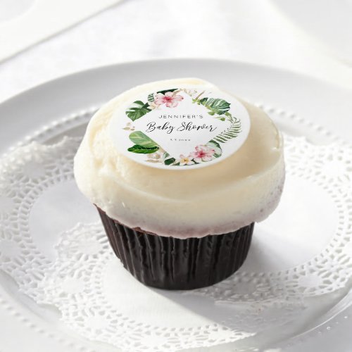 Elegant tropical floral hibiscus baby shower edible frosting rounds