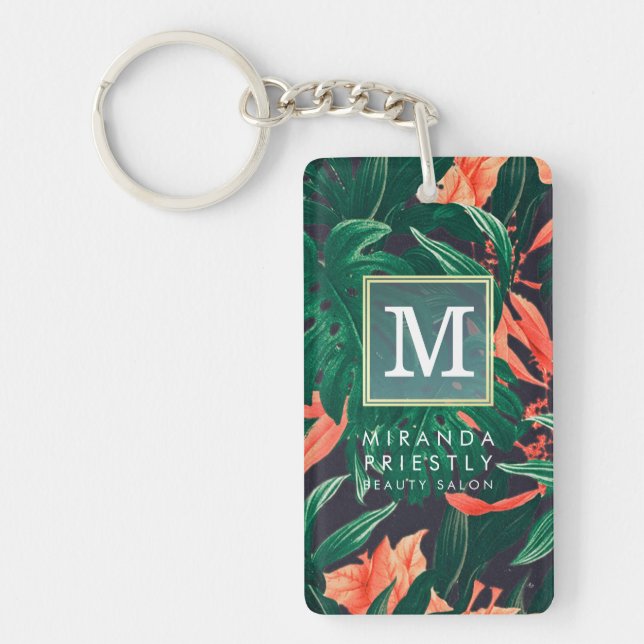 Elegant Tropical Floral Modern Gold Frame Monogram Keychain (Front)