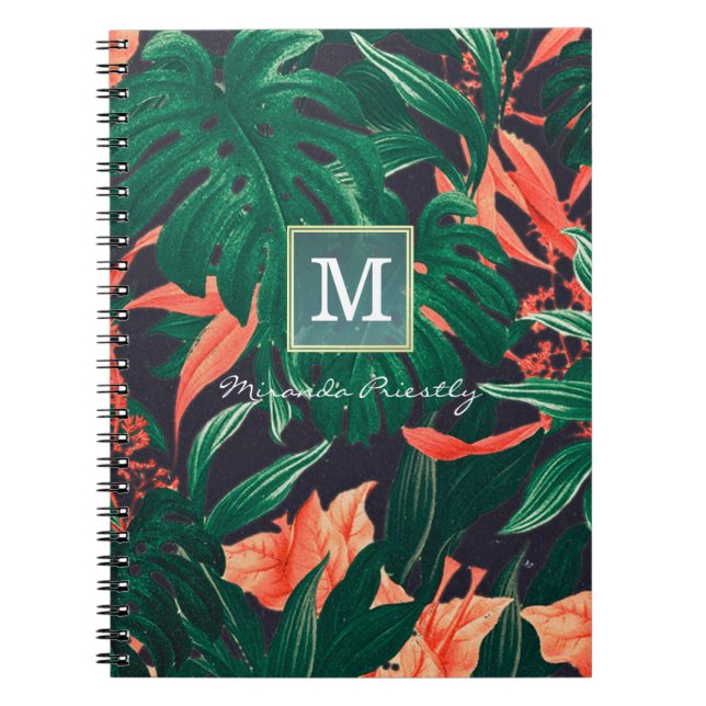 Elegant Tropical Floral Modern Gold Frame Monogram Notebook (Front)
