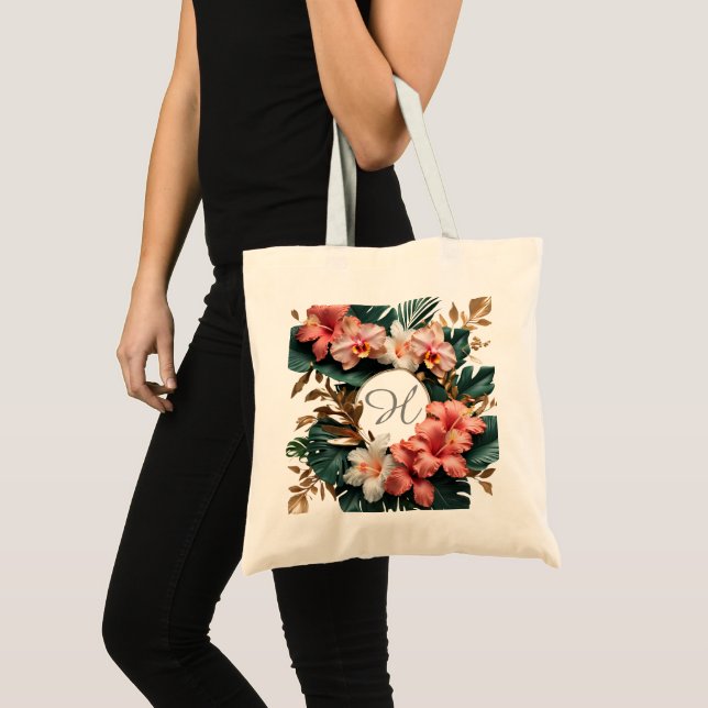 Elegant Tropical Floral Monogram Canvas Tote Bag (Front (Product))
