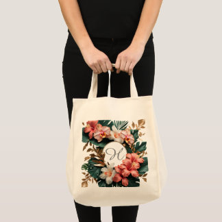 Elegant Tropical Floral Monogram Grocery Shopping Tote Bag