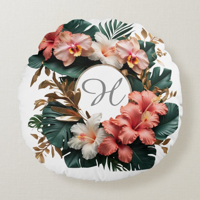 Elegant Tropical Floral Monogram Round Pillow (Front)