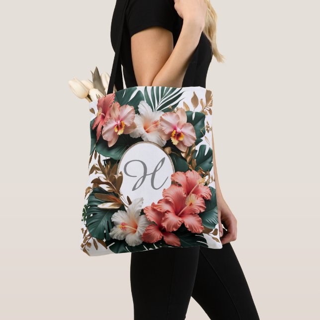 Elegant Tropical Floral Monogram Tote Bag (Close Up)