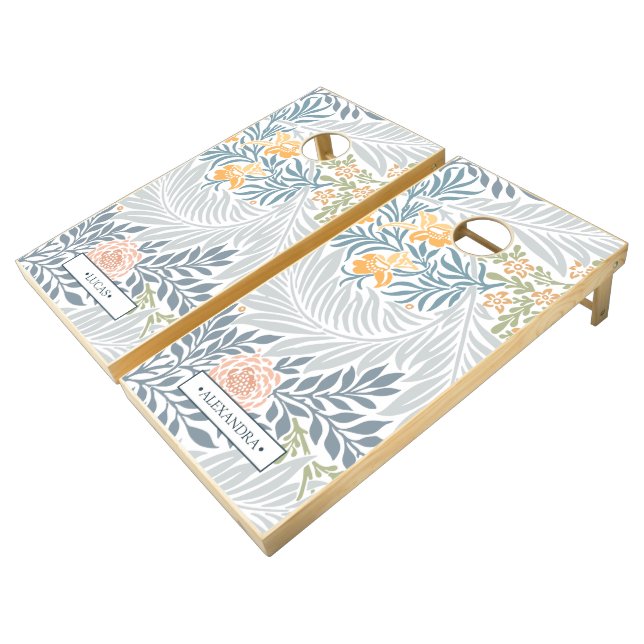 Elegant Tropical Floral pattern Monogram Cornhole Set (Angled)