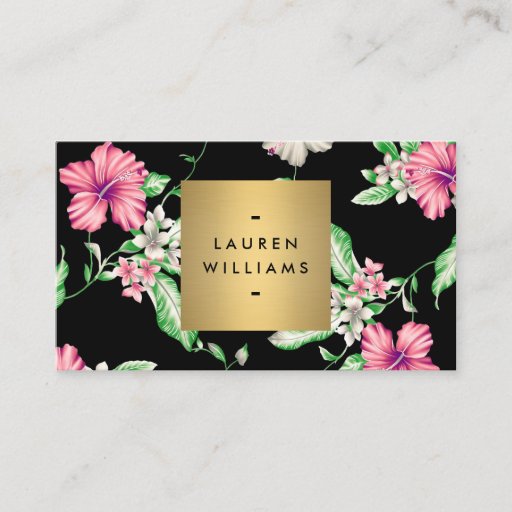 Customizable Elegant Black Floral Pattern 5 with Gold Name Logo Business Cards