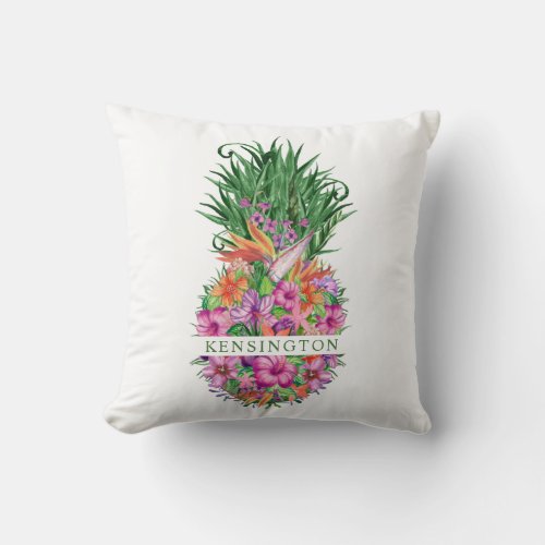 Elegant Tropical Floral Pineapple Name or Monogram Throw Pillow