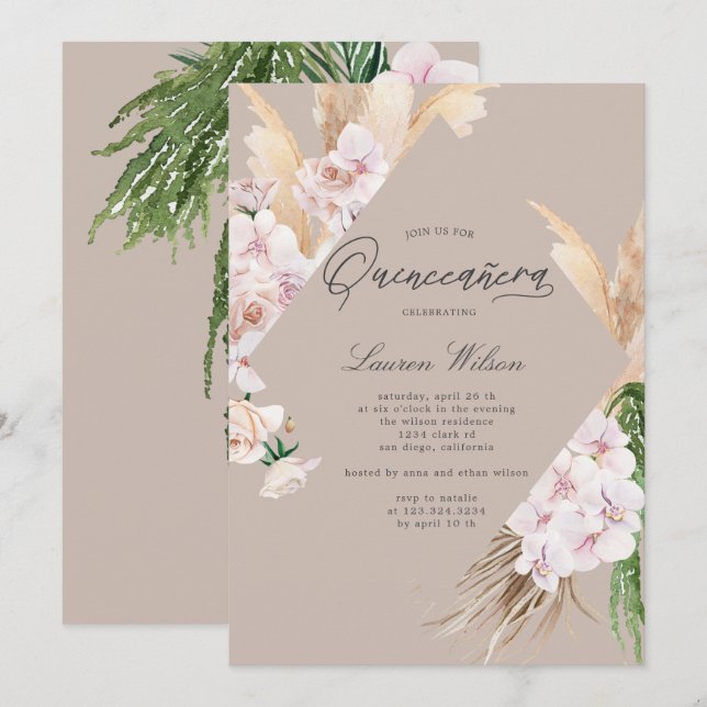 elegant tropical floral Quinceanera Invitation (Front/Back)