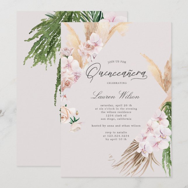 elegant tropical floral Quinceanera Invitation (Front/Back)