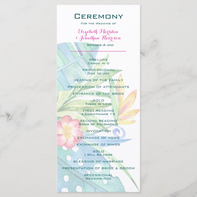 Elegant Tropical Floral Teal Berry Pink Wedding Program (Front)