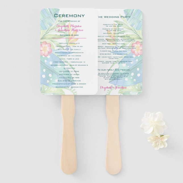 Elegant Tropical Floral Teal Pink Wedding Program Hand Fan (Front and Back)