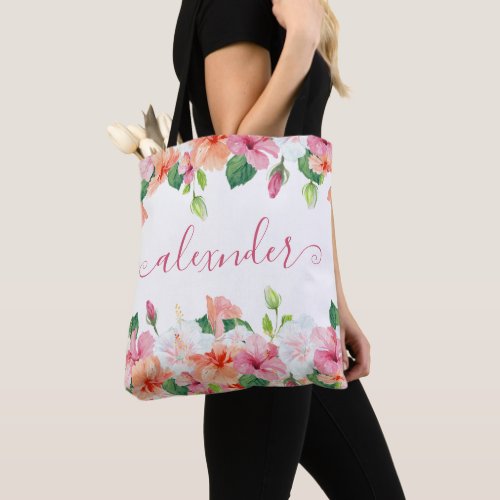 Elegant Tropical Floral Watercolor Name Monogram  Tote Bag