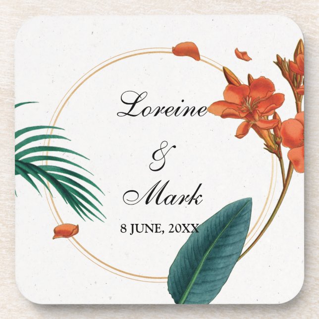 Elegant Tropical Floral Wedding Beverage Coaster (Front)