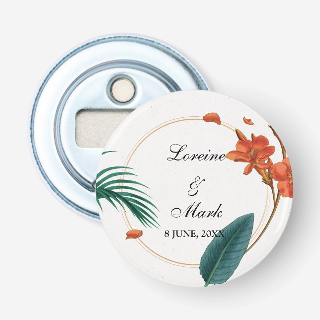 Elegant Tropical Floral Wedding Bottle Opener (Front)