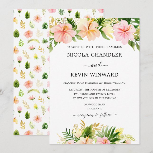Elegant Tropical Floral Wedding Invitation (Front/Back)