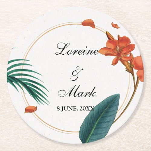 Elegant Tropical Floral Wedding Round Paper Coaster