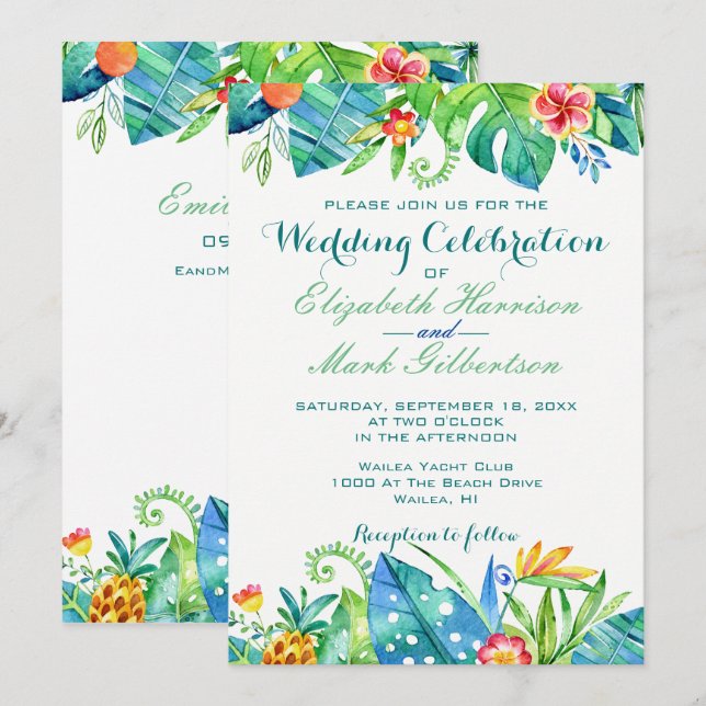 Elegant Tropical Floral Wedding Website Wedding Invitation (Front/Back)