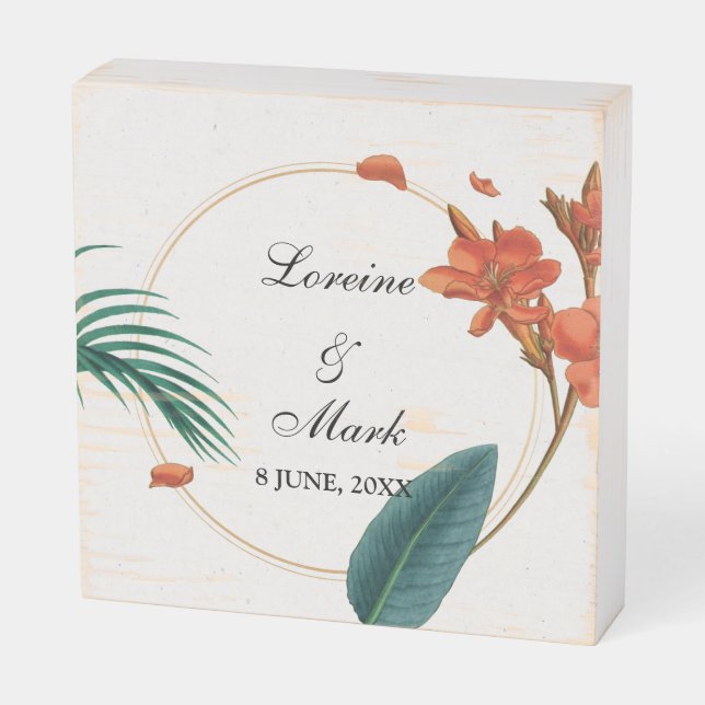 Elegant Tropical Floral Wedding Wooden Box Sign (Angled Horizontal)