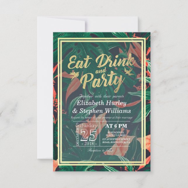 Elegant Tropical Flower EAT Drink and Let's Party Invitation (Front)