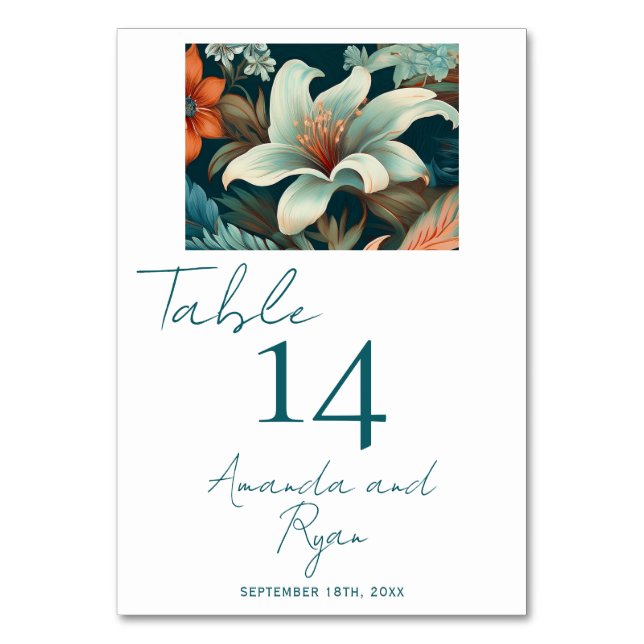 Elegant Tropical Flower Floral Wedding Table Number (Back)