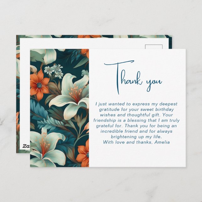 Elegant Tropical Flower Foliage Pattern Thank you Postcard (Front/Back)