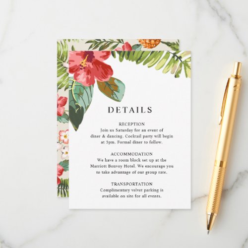 Elegant Tropical Flower Greenery Wedding Details Enclosure Card