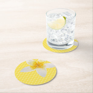 Elegant Tropical Flower & Trellis Pattern   Yellow Round Paper Coaster