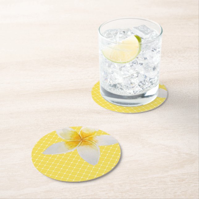 Elegant Tropical Flower & Trellis Pattern | Yellow Round Paper Coaster (Insitu)
