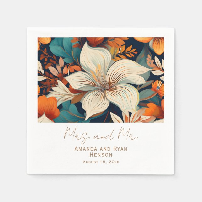 Elegant Tropical Flowers Mrs Mr Floral Wedding Napkins (Front)