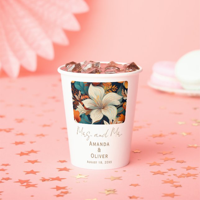 Elegant Tropical Flowers Mrs Mr Floral Wedding Paper Cups (Insitu)