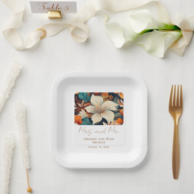 Elegant Tropical Flowers Mrs Mr Floral Wedding Paper Plates (Wedding)