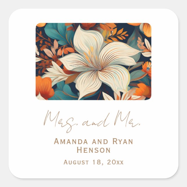 Elegant Tropical Flowers Mrs Mr Floral Wedding Square Sticker (Front)
