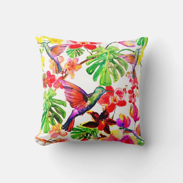 Elegant Tropical Flowers Orchid And Birds Throw Pillow (Front)