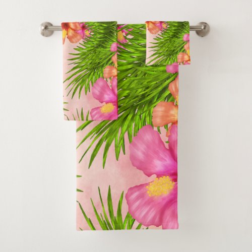 Elegant Tropical Flowers Pink Floral Green Leaves Bath Towel Set