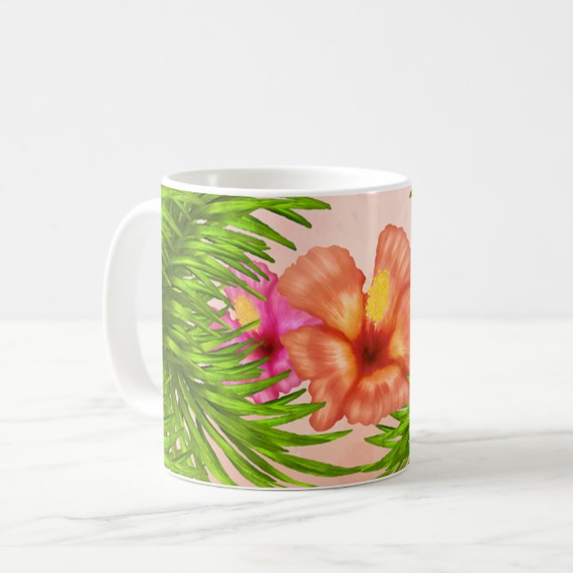 Elegant Tropical Flowers Pink Floral Green Leaves Coffee Mug (Front Left)
