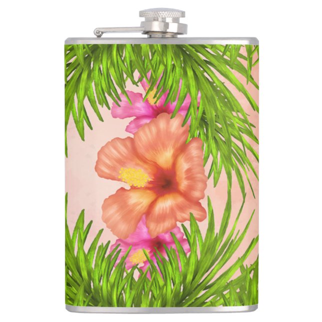 Elegant Tropical Flowers Pink Floral Green Leaves Flask (Front)