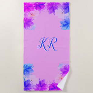 Elegant Tropical Flowers Purple Blue Monogram Beach Towel