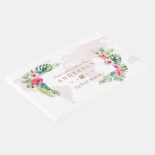 Elegant Tropical Flowers World Map Wedding Guest Book