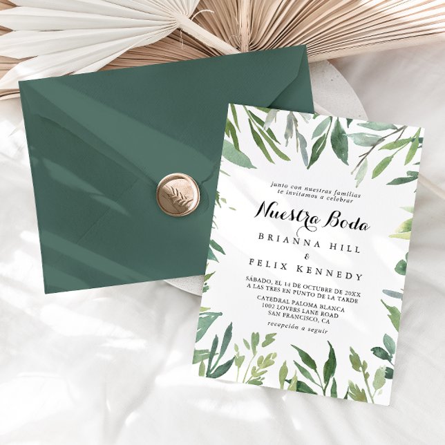 Elegant Tropical Foliage Nuestra Boda Wedding Invitation (Creator Uploaded)