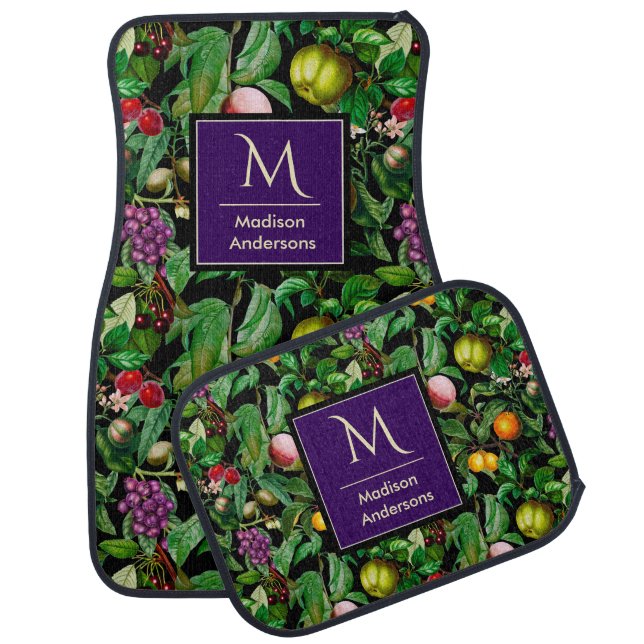 Elegant tropical fruits black pattern monogram car floor mat (Set)
