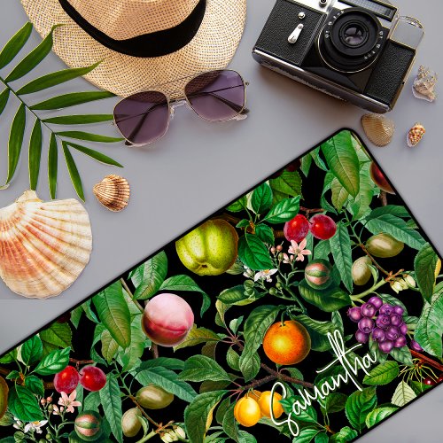 Elegant tropical fruits black pattern monogram desk mat