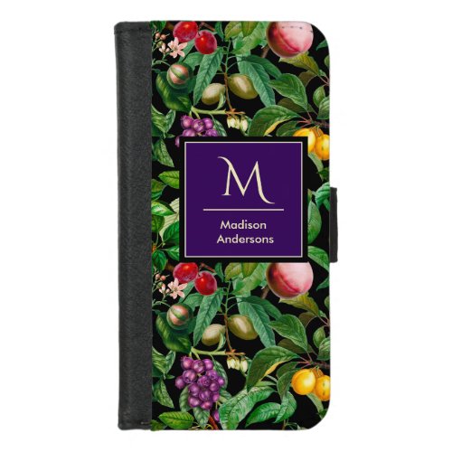 Elegant tropical fruits black pattern monogram iPhone 87 wallet case
