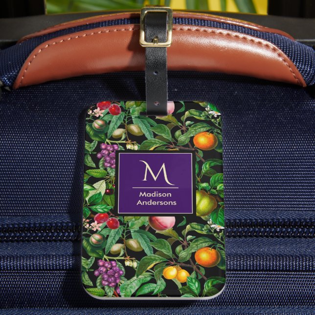 Elegant tropical fruits black pattern monogram luggage tag (Front Insitu 2)